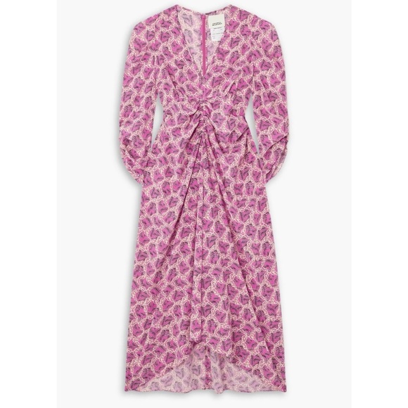 ISABEL MARANT Albini gathered printed silk-blend midi  Floral Pink Dress NEW - Picture 3 of 9